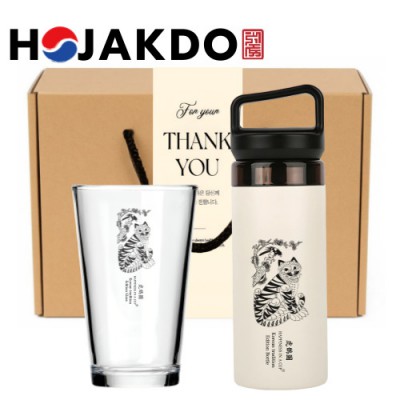한국전통 K컬쳐 샤이닝 글라스컵 호작도 캡캐리 텀블러 380ml 선물세트