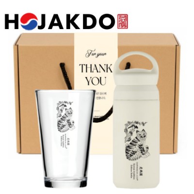 한국전통 K컬쳐 샤이닝 글라스컵 호작도 데이오프 텀블러 350ml 선물세트