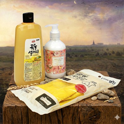 트리오 곡물설거지 주방세제 500g  부케가르니 핸드크림 280ml 면코팅 고무장갑 3종세트