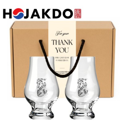 한국전통 K컬쳐 까치와호랑이 호작도 위스키잔 노징글라스 양주 니트잔 170ml 2P 선물세트