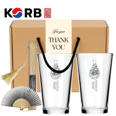 한국전통 K컬쳐 조선 백자청화 샤이닝 글라스컵 480ml 실크부채 기프팅