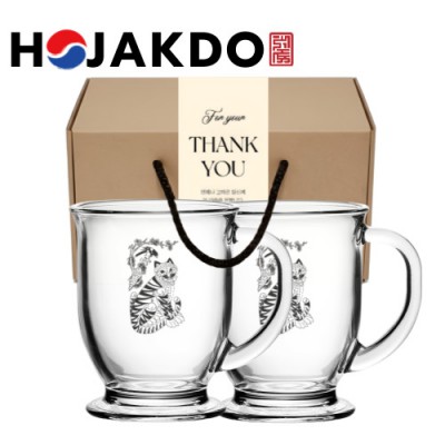 한국전통 K컬쳐 까치와호랑이 호작도 클래식 글라스 머그컵 440ml 2P 선물세트