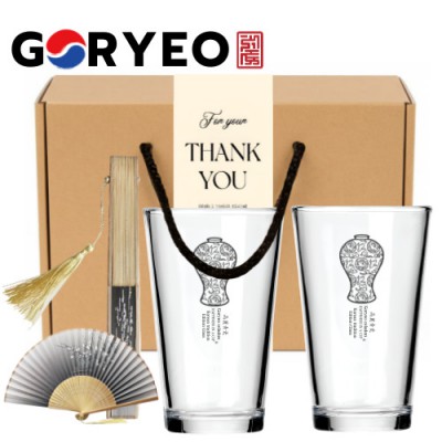 한국전통 K컬쳐 고려청자 샤이닝 글라스컵 480ml 실크부채 기프팅