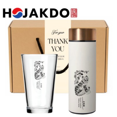 한국전통 K컬쳐 샤이닝 글라스컵 호작도 데일리 텀블러 440ml 선물세트