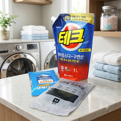 LG생활건강 대용량 세탁세제 테크 1,000ml 니트릴장갑 청소박사 3종세트