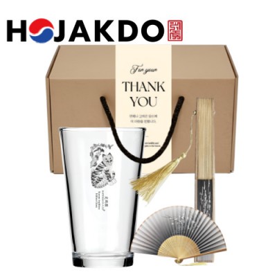 한국전통 K컬쳐 호작도 샤이닝 글라스컵 480ml 실크부채 선물세트