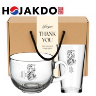 한국전통 K컬쳐 호작도 샤이닝 글라스컵 480ml 요거트볼 선물세트